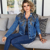 Jaqueta jeans bordada folhagem